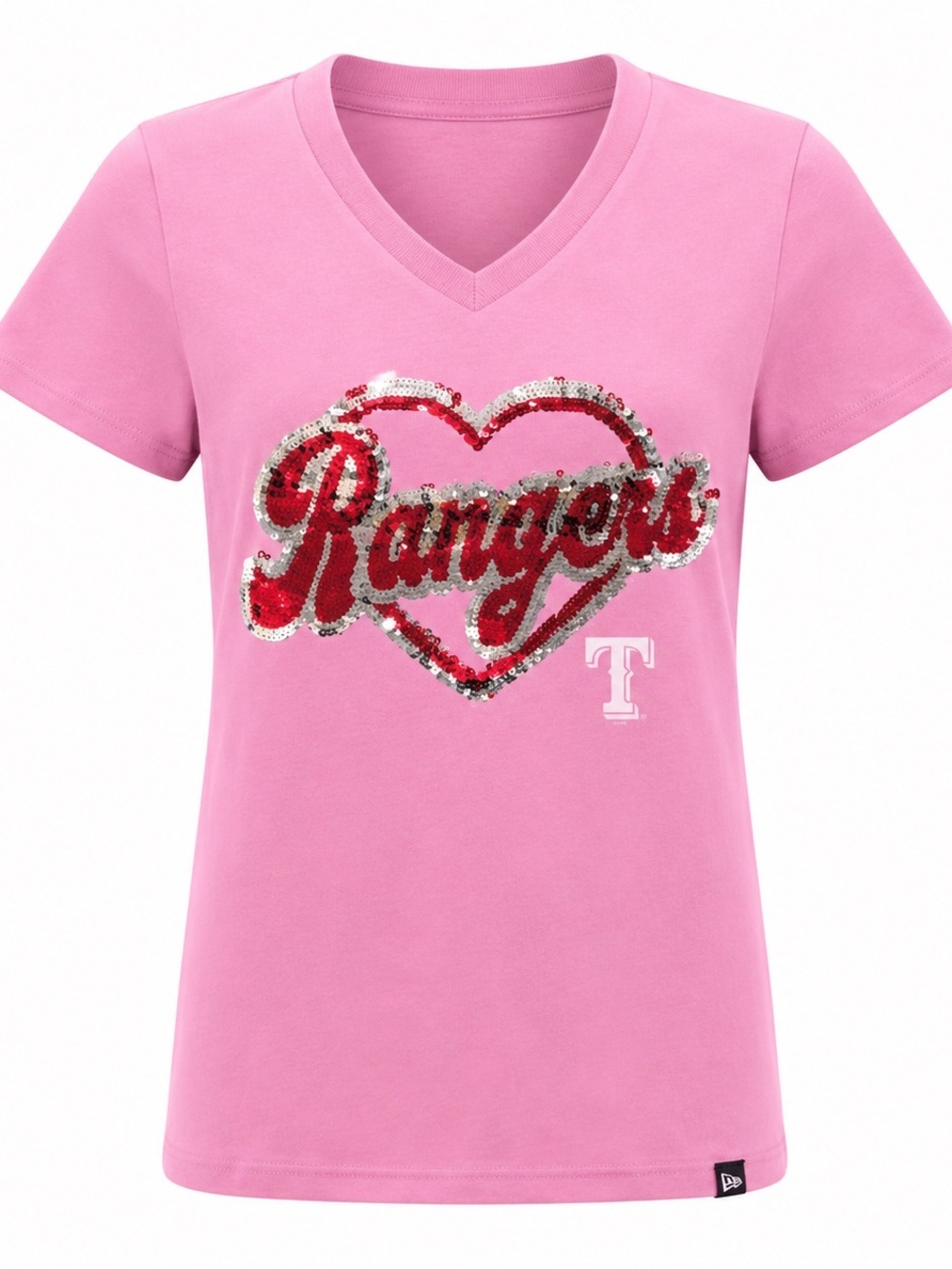 NWT Girls 7/8 Texas Rangers Pink Sequin Heart V-Neck T-Shirt New Era